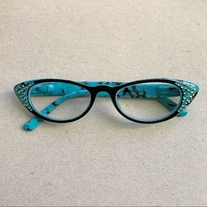 Turquoise blue cat eye readers w/ crystal accents